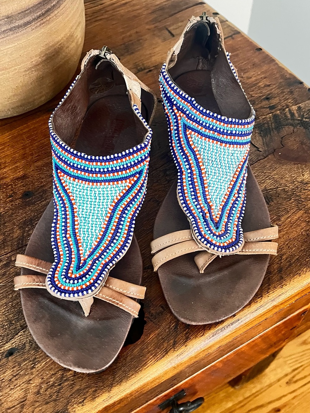 PIKOLINOS Beaded T-Strap Sandals in Light Blue, Navy & Tan
